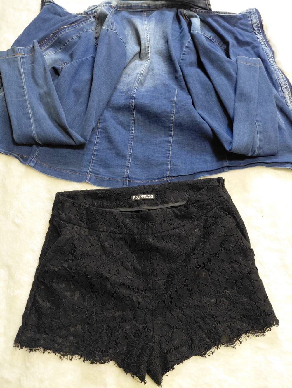 Avallable denim jacket paired with black shorts, size 4 (express).